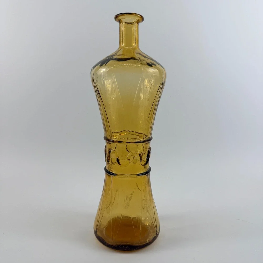 Vintage Empoli Italian Amber Glass Decanter Bottle Applied Ribbon Waist